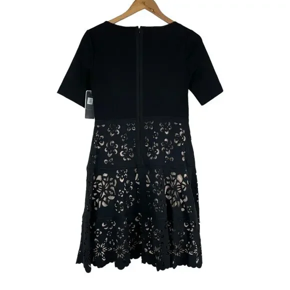 Shani NWT Laser Cut Ponte Fit & Flare Black Nude Dress Size 4 Floral Half Sleeve - Picture 3 of 10